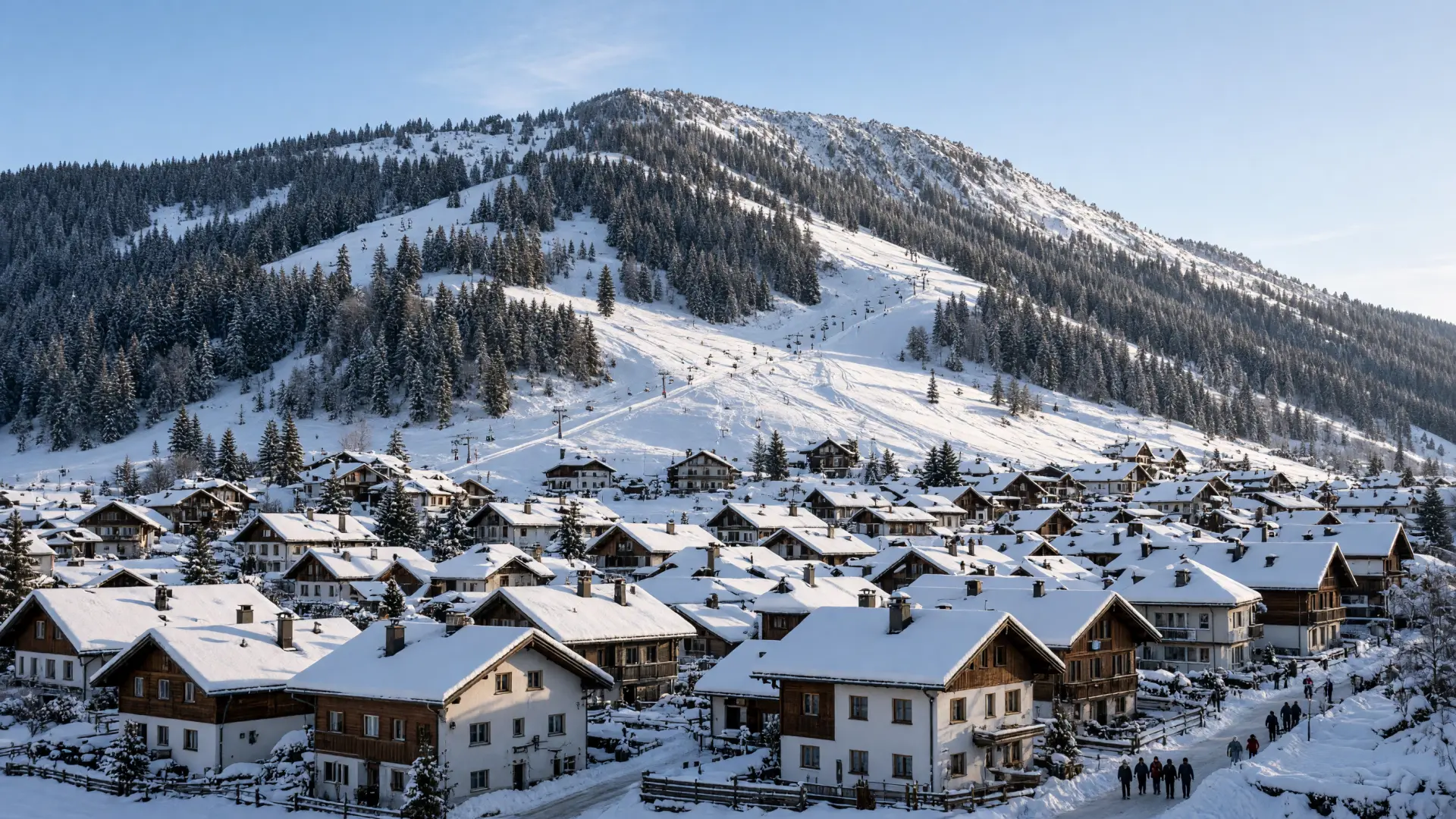 Het dorp Fulpmes met besneeuwde daken en een skipiste op de berg erboven