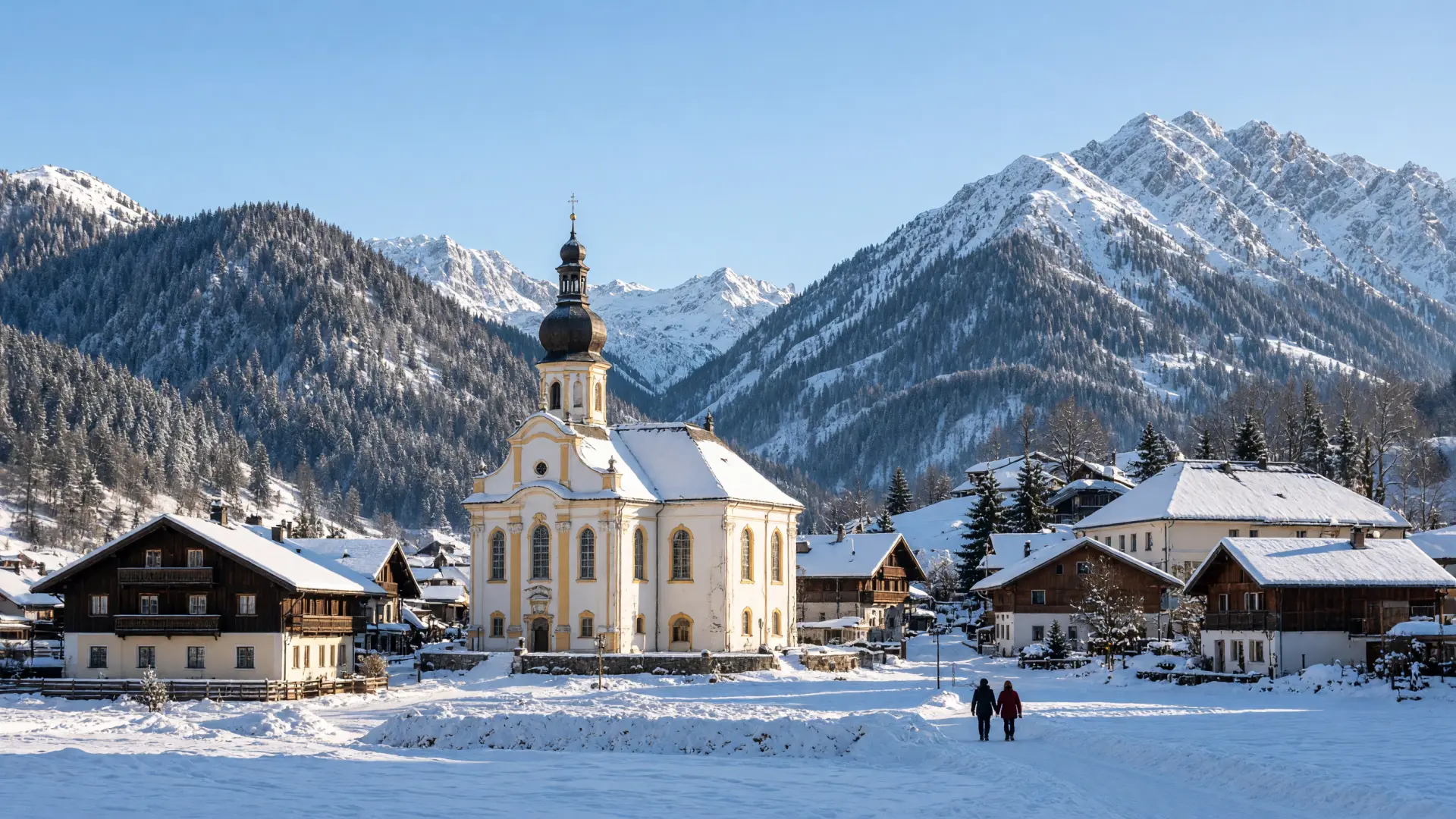 Barokke dorpskerk tussen besneeuwde chalets in Neustift im Stubaital