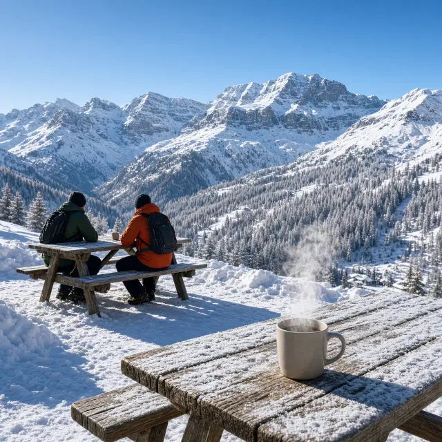 Besneeuwde bergtoppen van het Dévoluy-massief onder een heldere blauwe lucht met sporen van wandelaars in de sneeuw