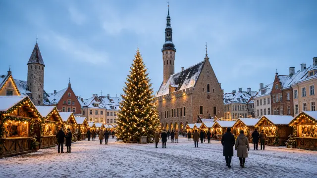 Kerstmarkt met kerstboom op het Raekoja plats in de oude stad van Tallinn