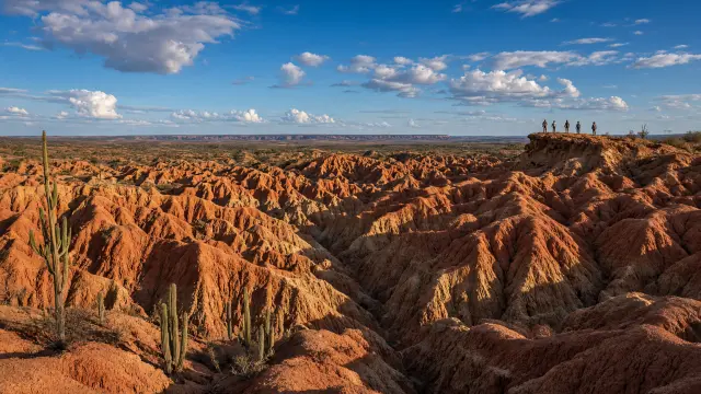 Kleine groep reizigers op een uitkijkpunt boven de rode rotsen van de Tatacoa-woestijn in Colombia