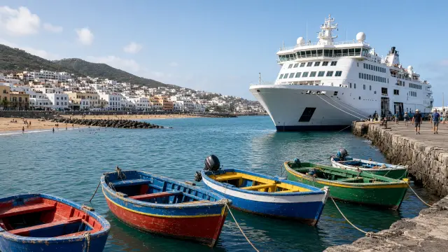 Haven van Los Cristianos op Tenerife met vissersboten en een veerboot aan de kade