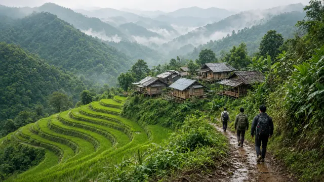 Rijstterrassen en een bergdorp in de groene heuvels bij Chiang Mai, met kleine wandelaars