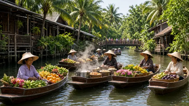 Houten bootjes vol fruit en bloemen op een drijvende markt bij Bangkok, met kleine verkopers met strohoeden