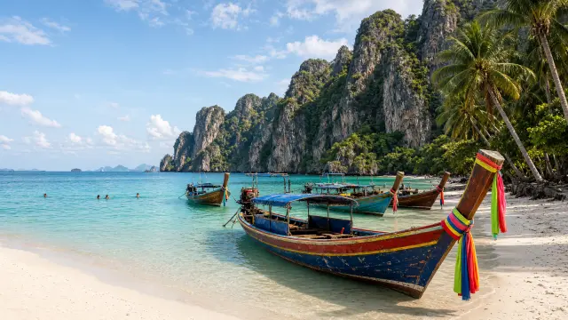 Longtailboten op een wit strand met kalksteenrotsen bij Krabi, met kleine zwemmers