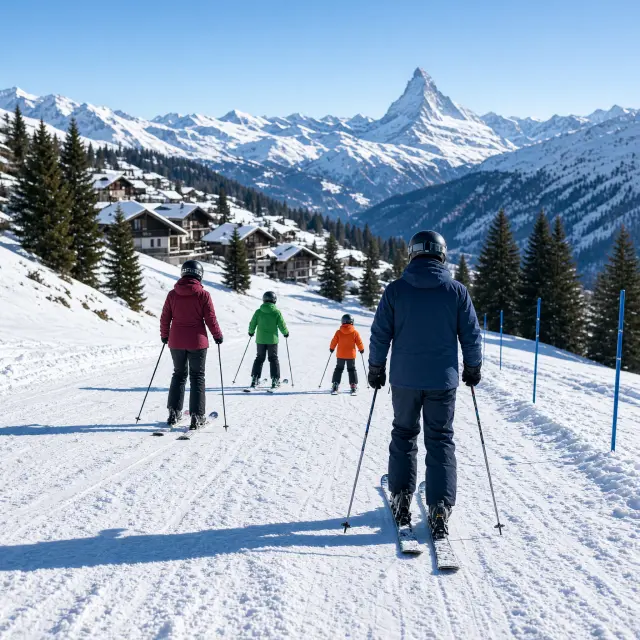 kinderen leren skiën op zachte beginner hellingen met kleurrijke mascotte in zonnig skigebied