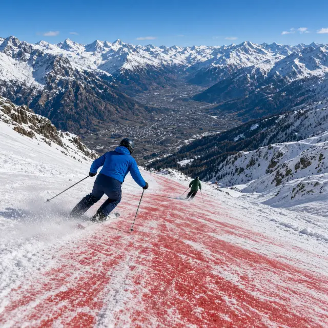 Skiërs die genieten van een brede, zonnige rode piste met schitterend bergpanorama en blauwe hemel in Veysonnaz, Les 4 Vallées skigebied Zwitserland