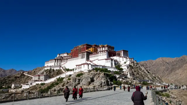 Het Potala-paleis in Lhasa met kleine pelgrims op het pad ervoor