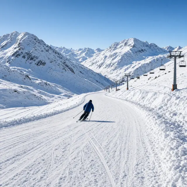Skiërs op de uitgestrekte pistes van Tignes - Val d'Isère met een bergpanorama