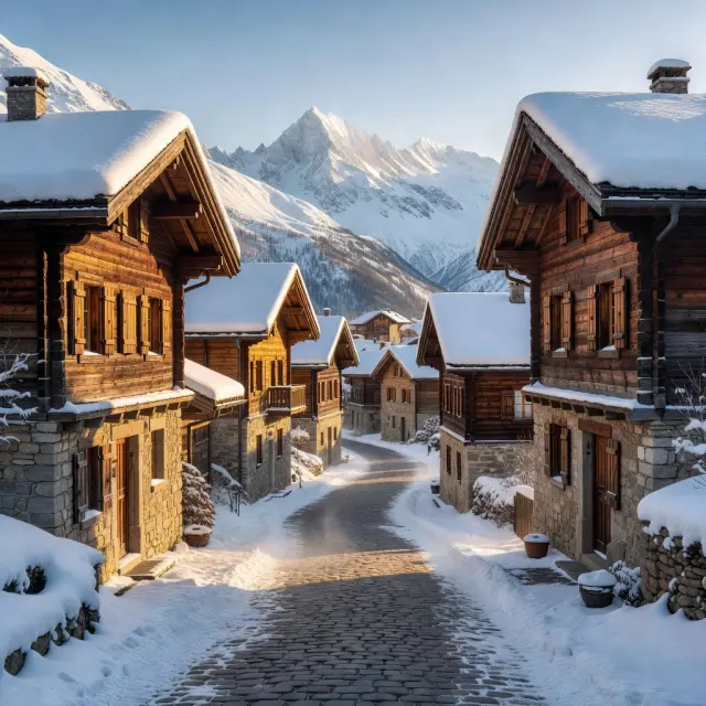 Traditioneel Savoyaards chalet in Val d'Isère met houten gevels en bloembakken, omringd door besneeuwde bergtoppen in het Espace Killy skigebied