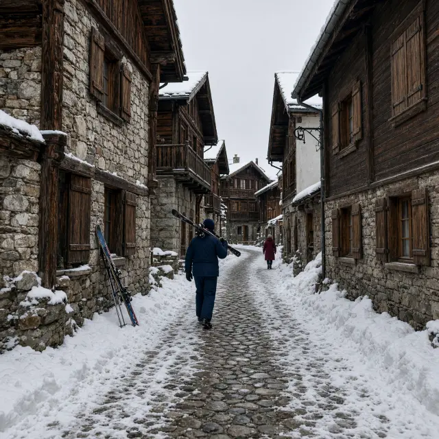 Savoyaards chalet in Val d'Isère met houten gevels, omringd door besneeuwde bergtoppen