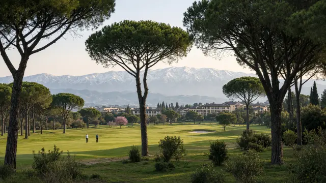 Groene golfbaan tussen parasoldennen in Belek met het Taurusgebergte aan de horizon