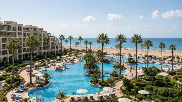 Groot zwembadlandschap met palmbomen bij een all-inclusive resort aan het strand van Belek