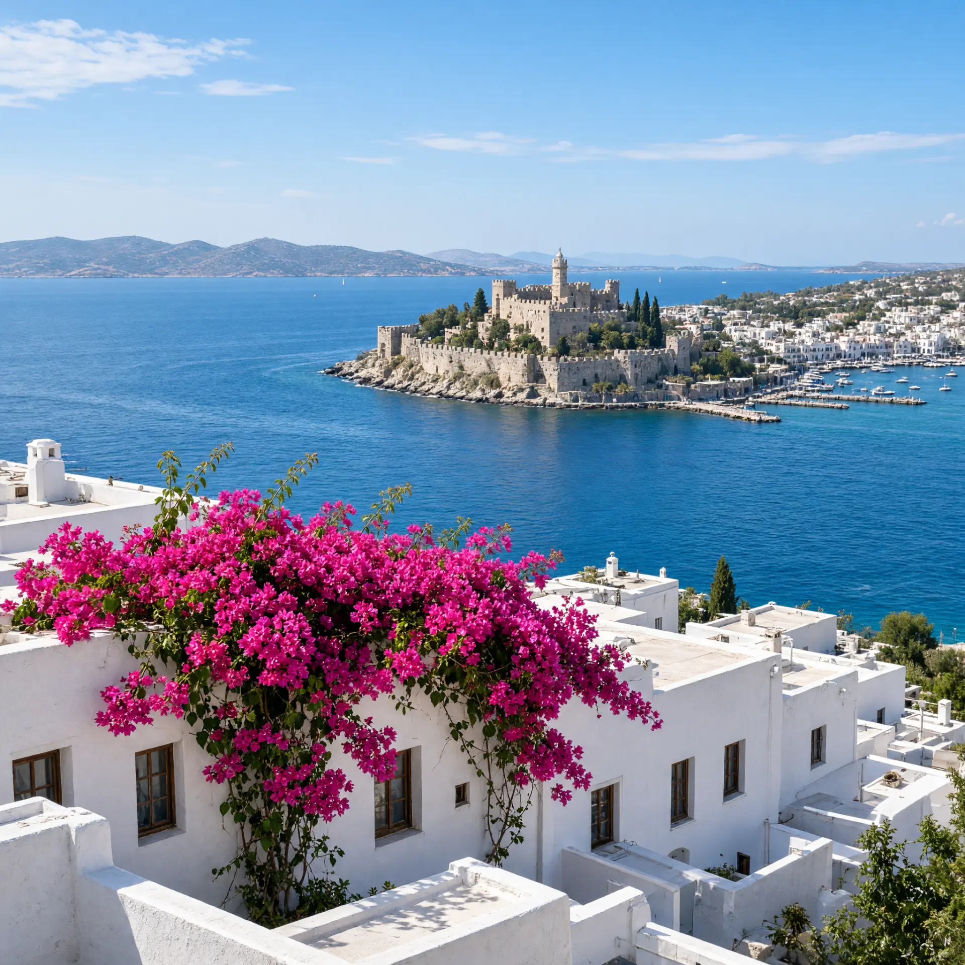 Witte huisjes boven de baai van Bodrum met het kasteel