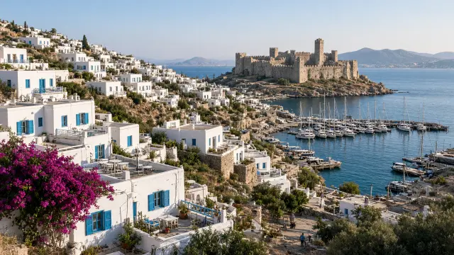 Witte huisjes met bougainvillea boven de jachthaven van Bodrum, met het kasteel op de achtergrond