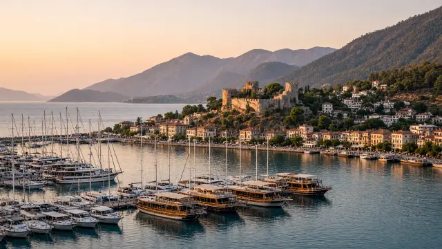 Jachthaven van Marmaris met zeilboten en houten gulets, de oude stad met een kasteeltje op de heuvel