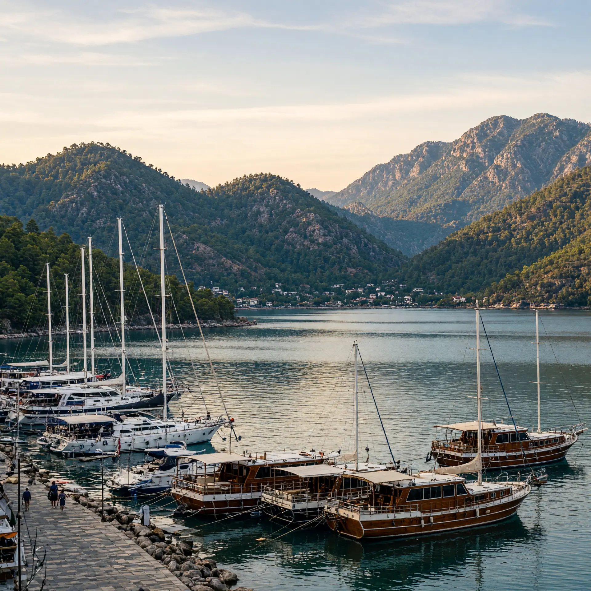 Jachthaven van Marmaris met zeilboten en beboste bergen