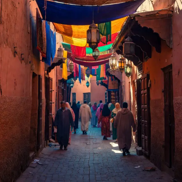 Djemaa el-Fna plein in Marrakech tijdens zonsondergang met foodkraampjes en reizigers, typisch beeld van een vakantie Marokko in de rode stad