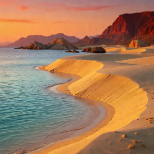 Woestijnlandschap bij zonsondergang met de Rode Zee in de verte bij Marsa Alam
