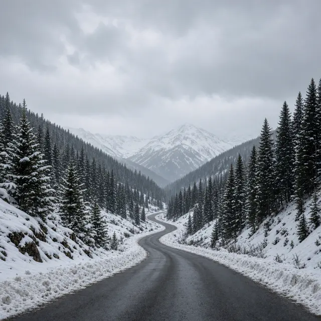 Besneeuwde bergweg door de Tarentaise-vallei met Franse Alpentoppen op de achtergrond, richting Val d'Isère
