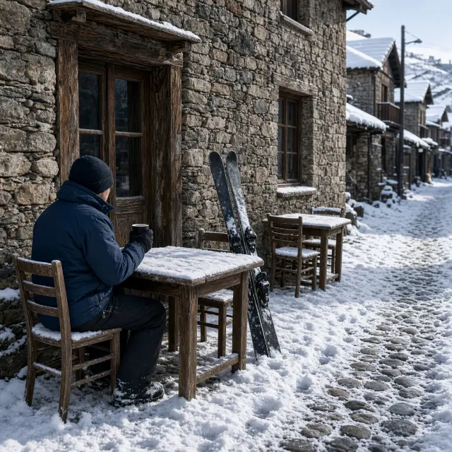 Gezellig dorpje Dimaro in het Val di Sole met besneeuwde bergtoppen en de gondelstation op de achtergrond