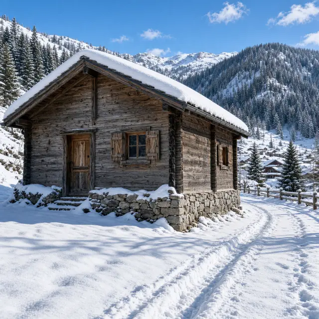 Rustig skidorpje Mezzana in het Val di Sole met chalets, sneeuw en bergtoppen op de achtergrond