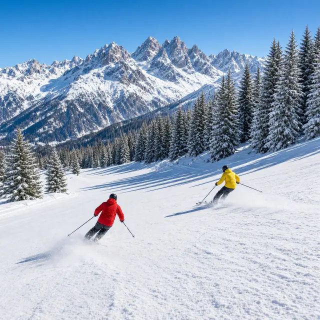 Skiërs dalen af op brede, zonnige pistes tussen Folgarida en Marilleva in de Dolomiti di Brenta