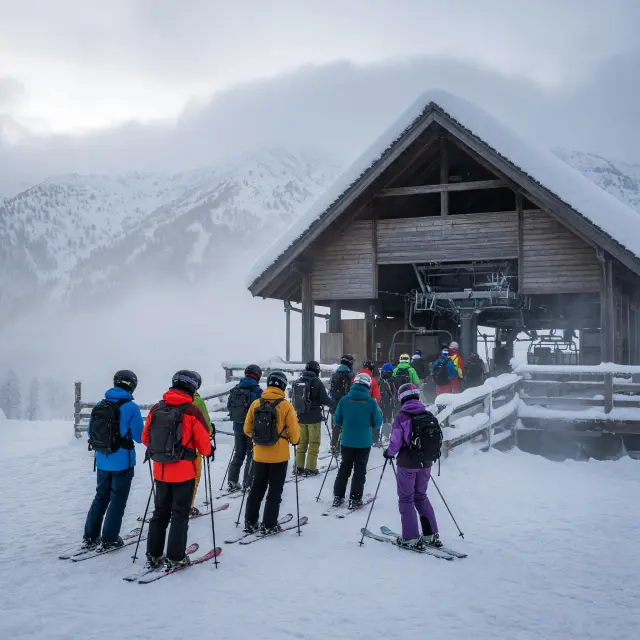 Dorpscentrum van Sëlva in Val Gardena met besneeuwde Dolomietenpieken op de achtergrond