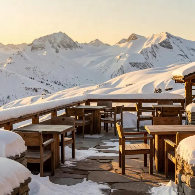 Luxueuze chalets en brede skipistes in het bergdorp Courchevel omringd door besneeuwde Alpen onder heldere blauwe winterlucht