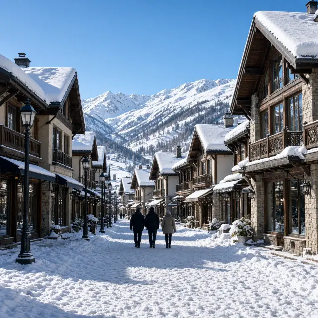 Luxueuze chalets en brede skipistes in het bergdorp Courchevel omringd door besneeuwde Alpen onder heldere blauwe winterlucht