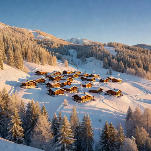 Panoramisch uitzicht op Méribel met traditionele chalets in alpine architectuur en skiërs op bospistes in het hart van Les 3 Vallées