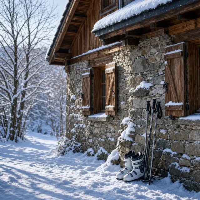 Houten chalet met besneeuwd terras en bergzicht in de Franse Alpen op een zonnige wintermiddag