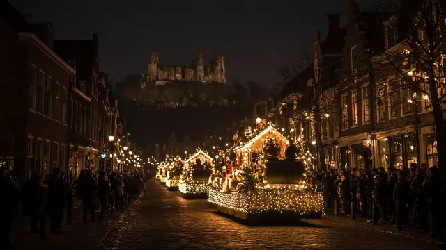 Verlichte kerstparade door de straten van een klein stadje bij avond