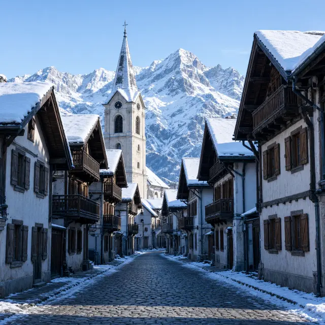 Authentiek Savoiaans skidorp Valloire met houten chalets, kerktoren en besneeuwde bergen op de achtergrond