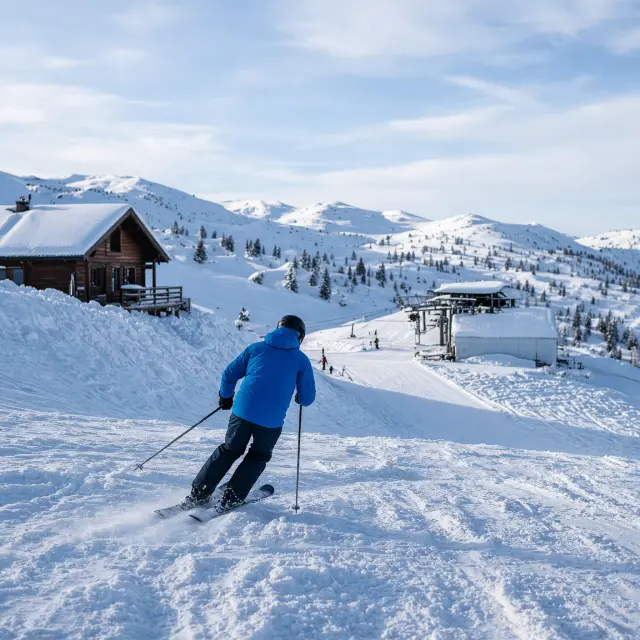 Rustig skidorp Valmeinier met chalets aan de witte pistes onder een blauwe winterhemel
