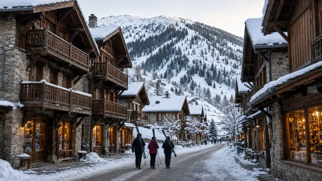 Autovrije dorpsstraat van Valmorel met chalets in Savoyaardse stijl en besneeuwde daken