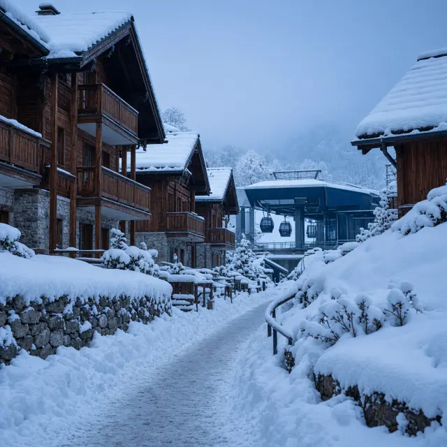 Sneeuwbedekt bergdorp Vaujany met houten chalets en de gondel richting de skipistes