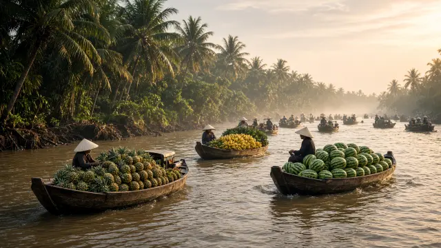 Houten bootjes vol fruit op een drijvende markt in de Mekongdelta, met kleine figuren met kegelhoeden