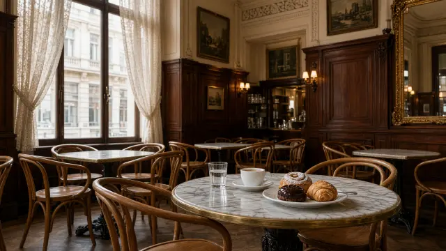Interieur van een Weens koffiehuis met marmeren tafels en gebogen stoelen