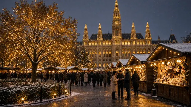Kerstmarkt met verlichte kraampjes en bomen voor het stadhuis van Wenen
