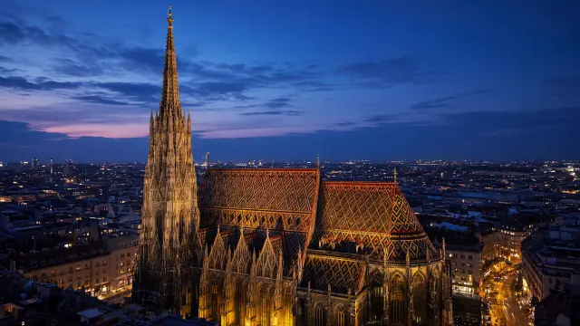 De Stephansdom in Wenen bij avondlicht met het betegelde dak