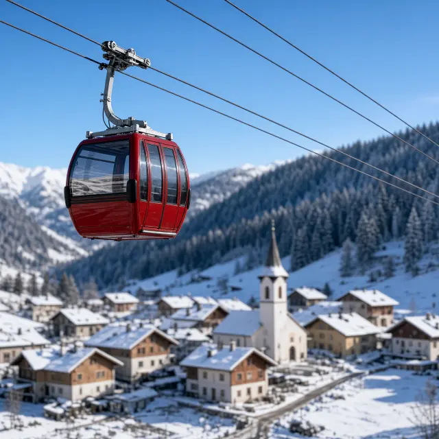 Gondel boven besneeuwde pistes en dennenbossen met uitzicht op het Tiroler dorp Westendorf
