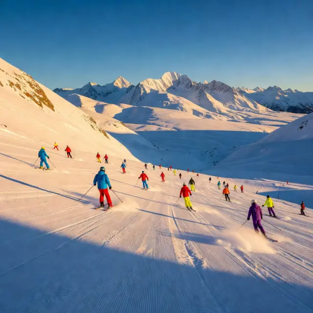 Moderne skiliften en perfect geprepareerde pistes in het Oostenrijkse berglandschap met uitzicht op besneeuwde drieduizenders van de Hohe Tauern
