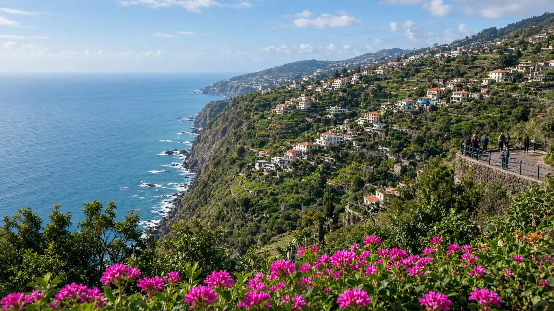 Groene terrassen en kleurrijke huizen boven de kust van Madeira