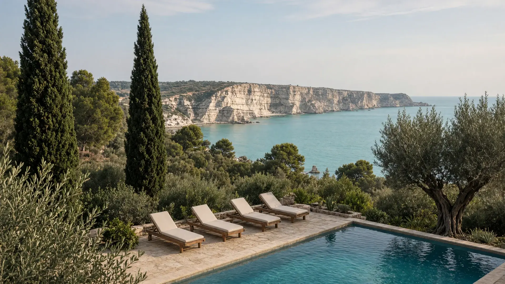 hoteltuin met zwembad en zicht op een turquoise baai op Zakynthos