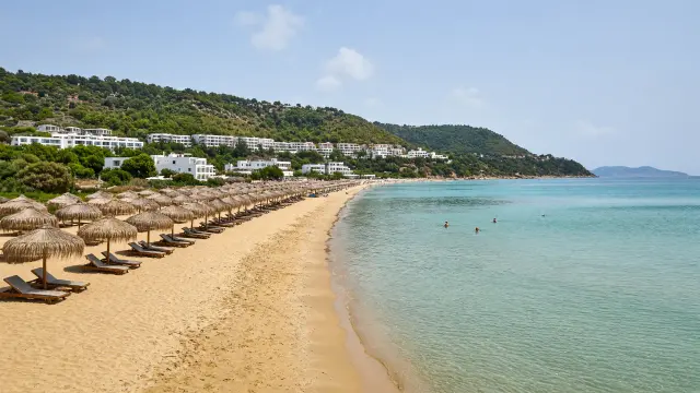 Breed zandstrand met ligbedden en parasols in Tsilivi op Zakynthos
