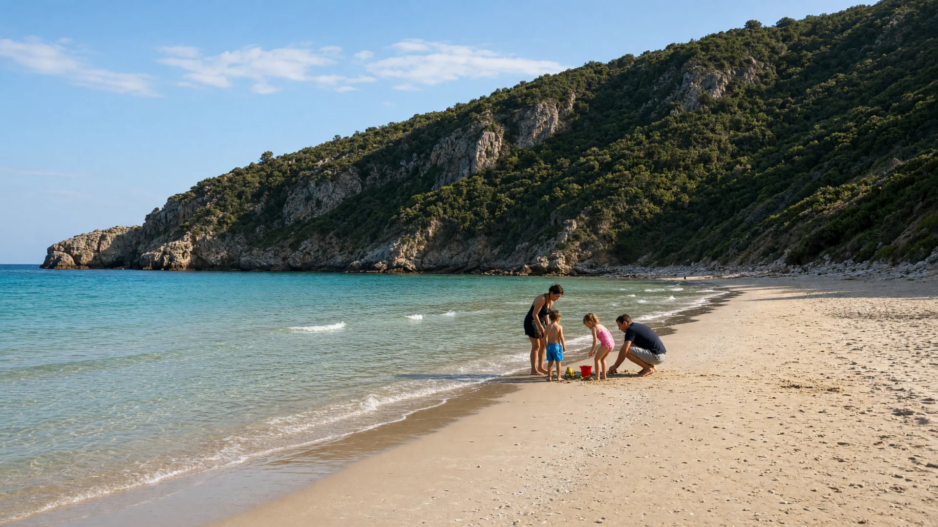 gezin met emmertjes en schepjes op een zandstrand op Zakynthos