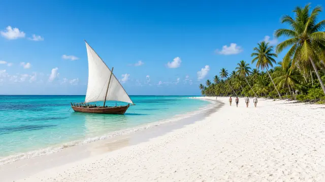 Wit strand op Zanzibar met turquoise zee, een houten dhow met wit zeil en enkele kleine wandelaars