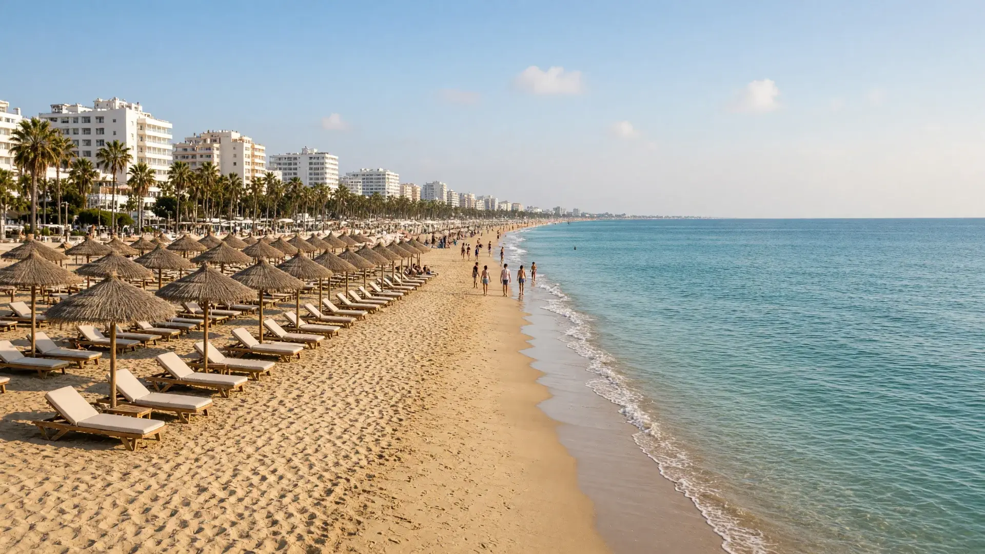 Zandstrand met ligbedden en parasols aan een rustige blauwe zee in Spanje