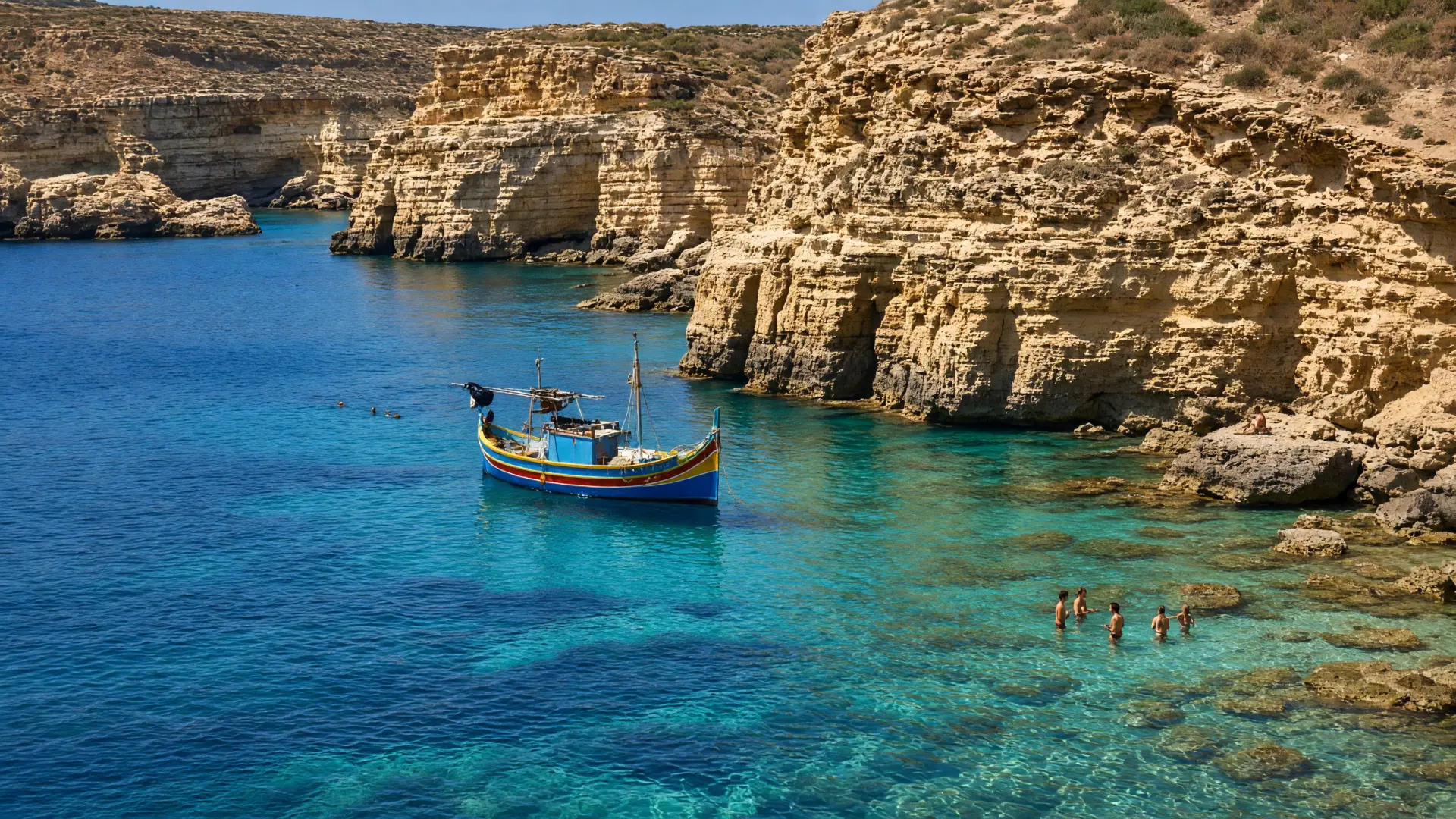Rotsige baai met kalkstenen kliffen en een vissersbootje op Malta